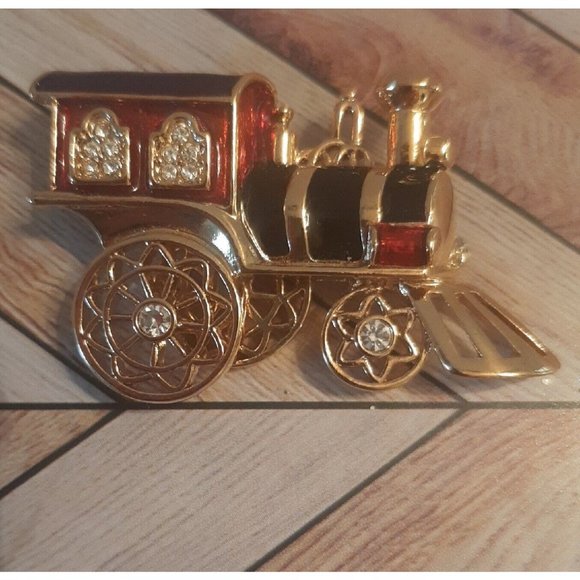 Smithsonian Enamel Crystal Train Engine Brooch Pin Gold Red - Picture 2 of 8